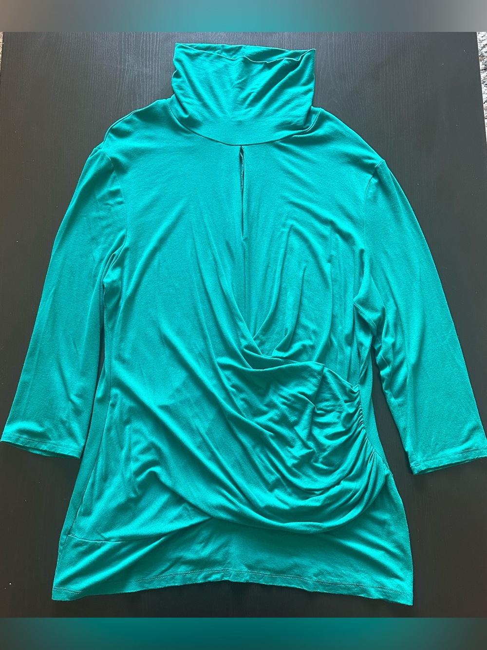 New York & Company Teal Turtleneck Draped Ruched Long-Sleeve Top